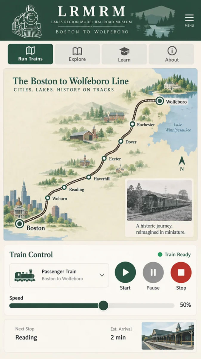 Museum app showing the Boston to Wolfeboro route map and train controls