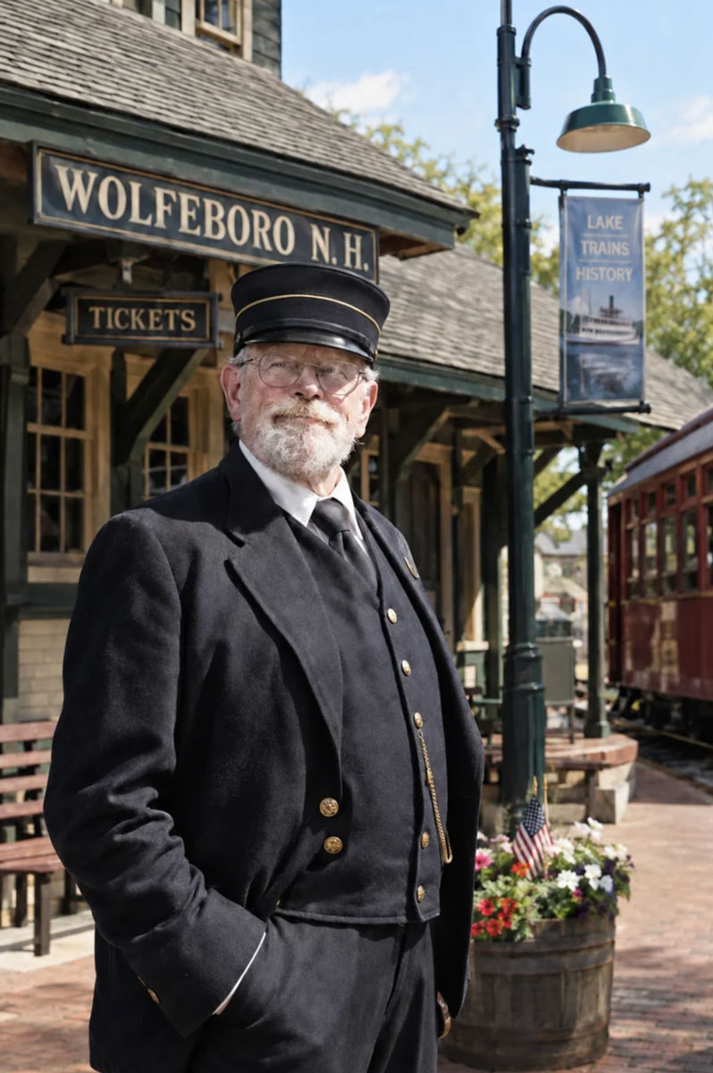 Conductor in uniform outside the Wolfeboro station