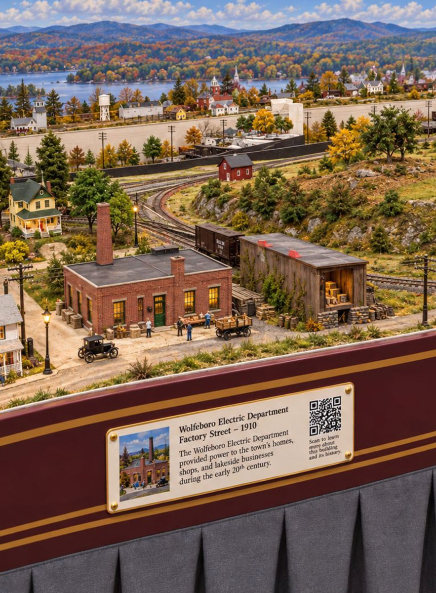 Model of the Wolfeboro Electric Department on Factory Street, with the lake and mountains behind the layout