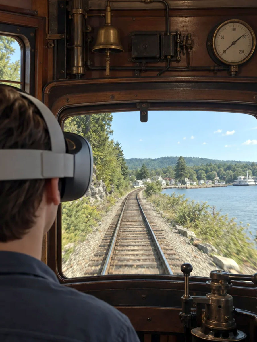 Person in a virtual reality headset seated in a locomotive cab, looking out over a lakeside railroad
