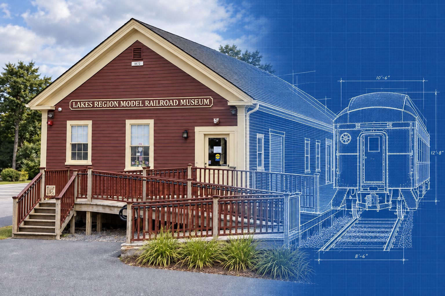 The 1872 depot beside a blueprint of a passenger car